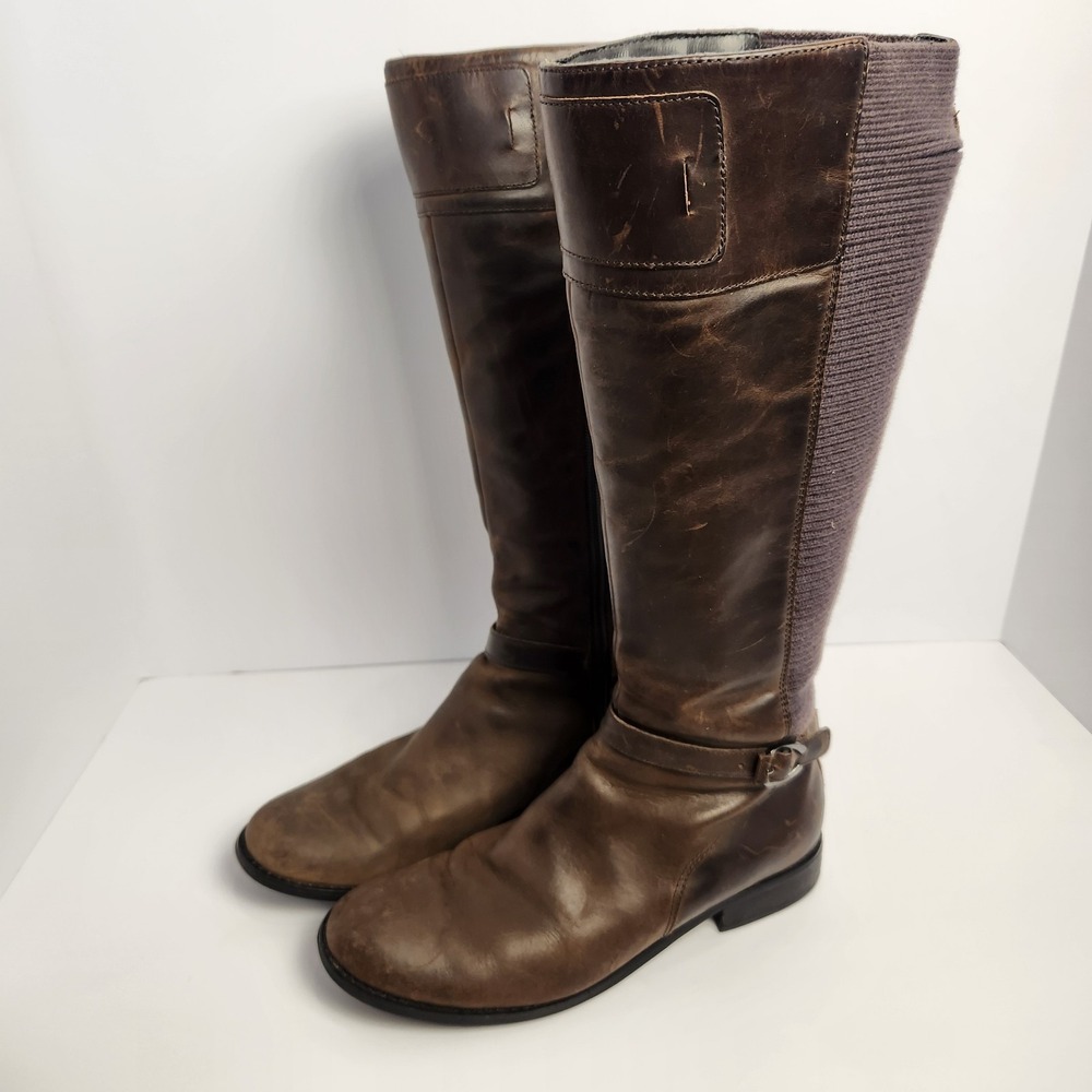 Aetrex Womens Tall‎ Riding Boots Leather Textile Stretch Side Zip Brown 7.5 A/B